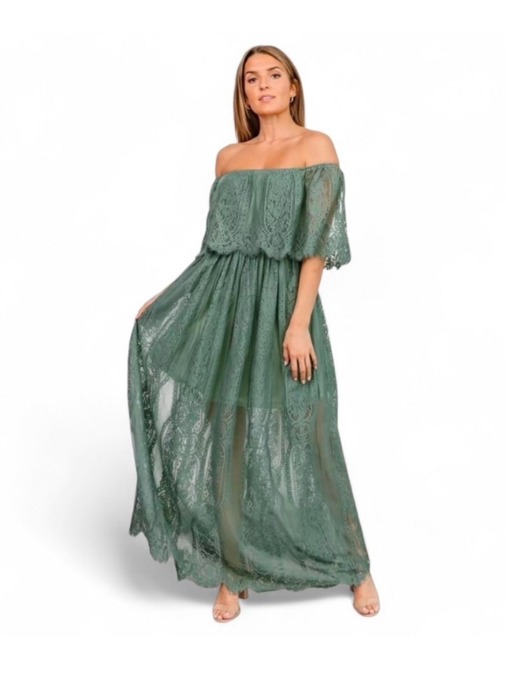 Baltic Born Off-Shoulder Lace Maxi Dress in Sage ♡
